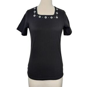 Quacker Factory Rhinestone Grommet T Shirt Top Size XXS Short Sleeve Stretch NEW